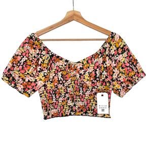 Billabong Get Along Puff Sleeve Crop Top Sz M Floral Print V Neck Smocked Waist